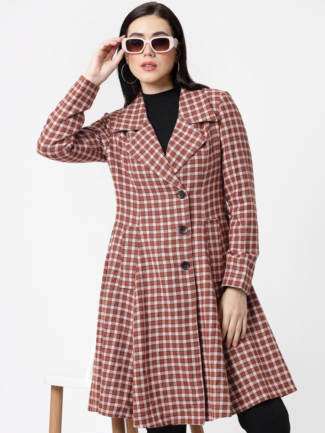 Owncraft Checked Wool Single-Breasted Knee Length Overcoat