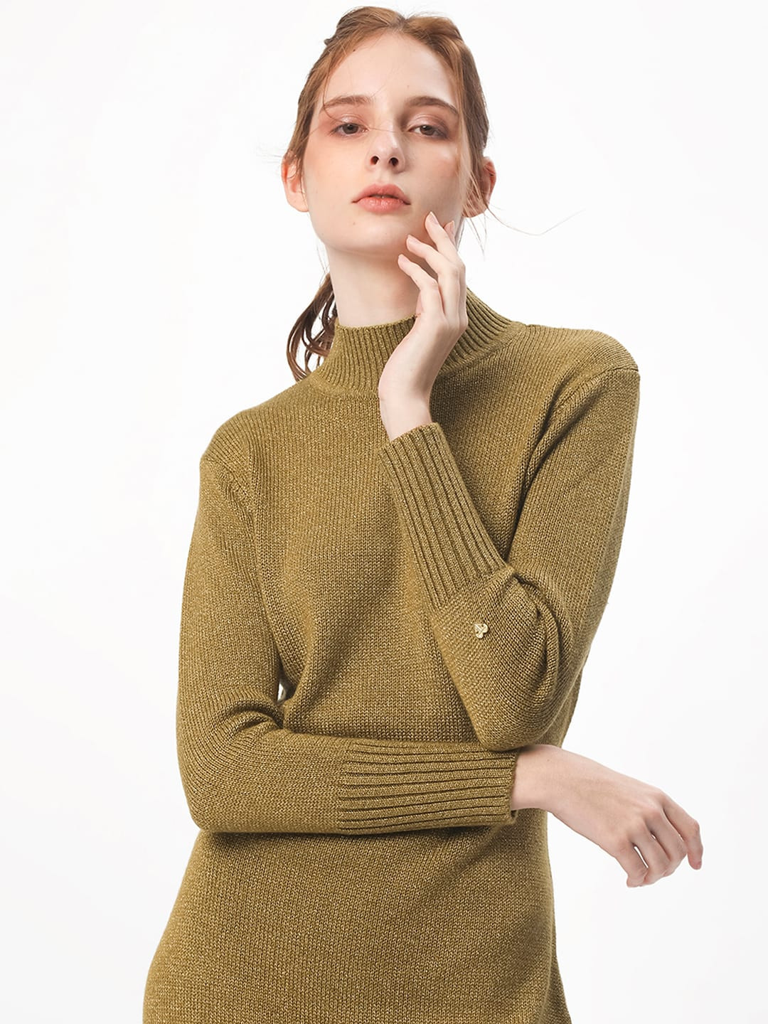 RAREISM Women Gold Plain Full Sleeve Full Sleeve Regular Fit Sweater