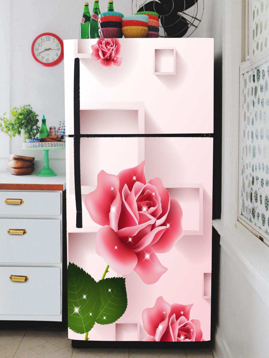 WallDaddy Pink Floral-Printed Refrigerator Sticker