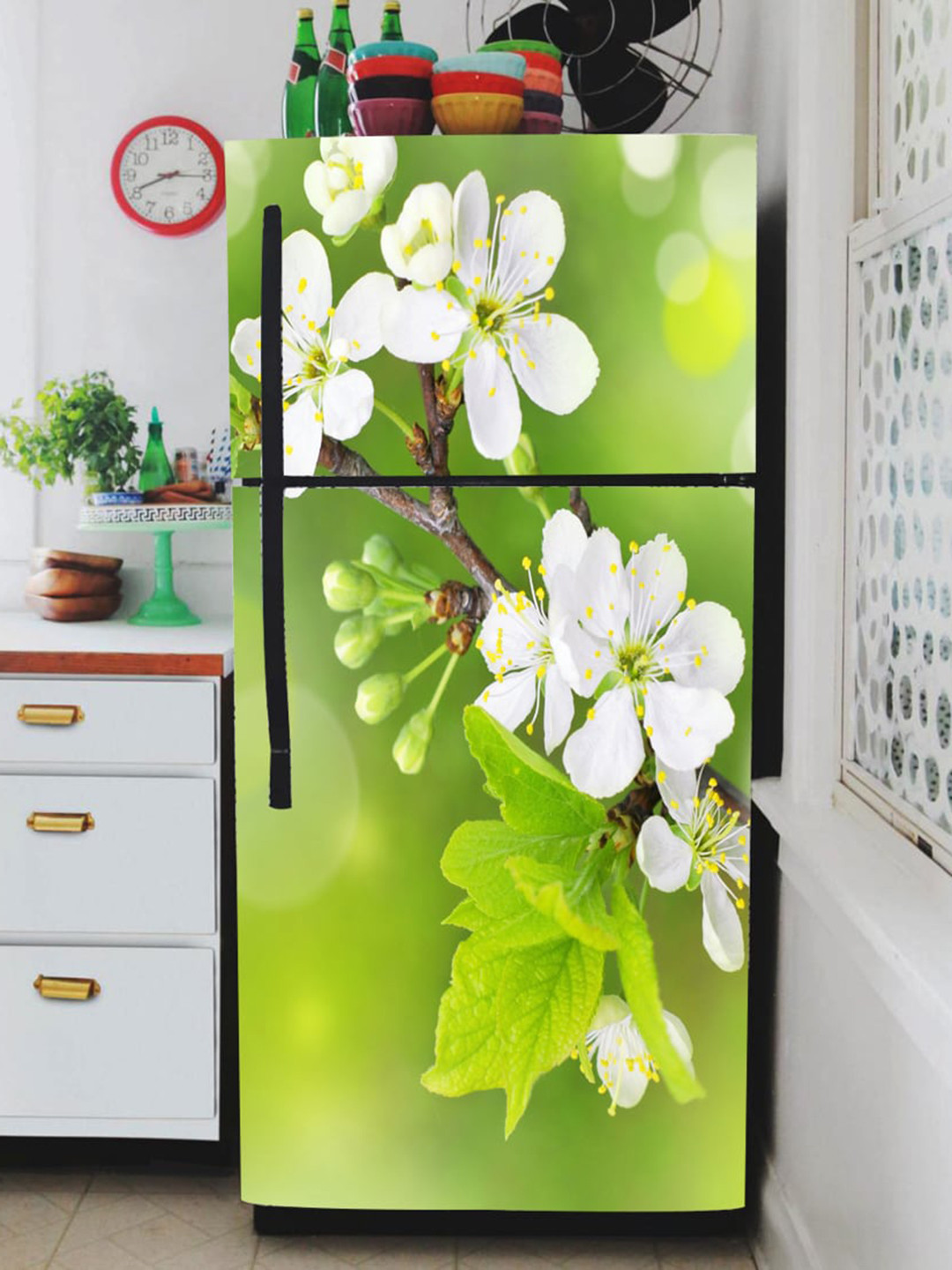WallDaddy Green & White Floral-Printed Refrigerator Sticker