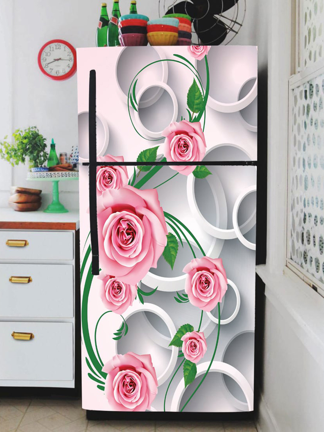 WallDaddy Grey & Pink Floral Printed Self-Adhesive Refrigerator Sticker