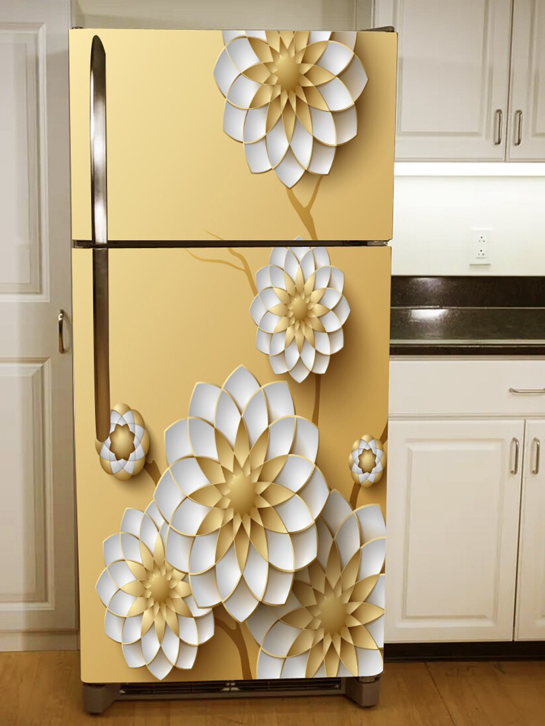 WallDaddy Yellow & White Floral Printed Self-Adhesive Refrigerator Sticker