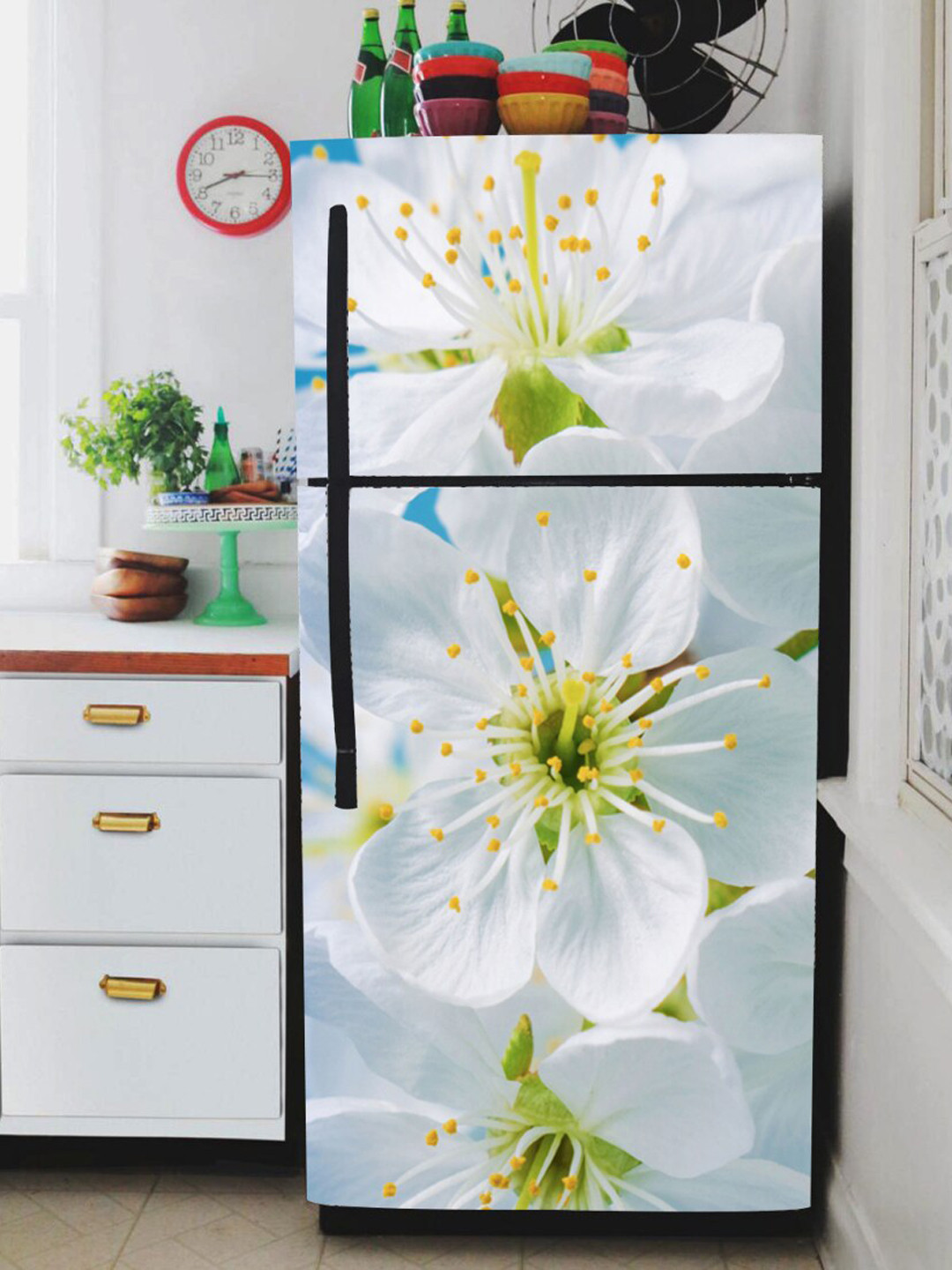 WallDaddy Grey & White Floral Printed Self-Adhesive Refrigerator Sticker