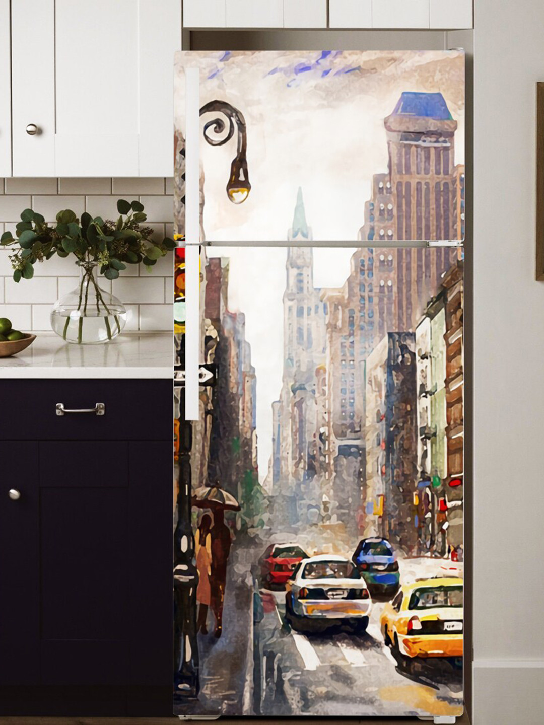 WallDaddy Brown & Beige City Traffic-Printed Refrigerator Sticker