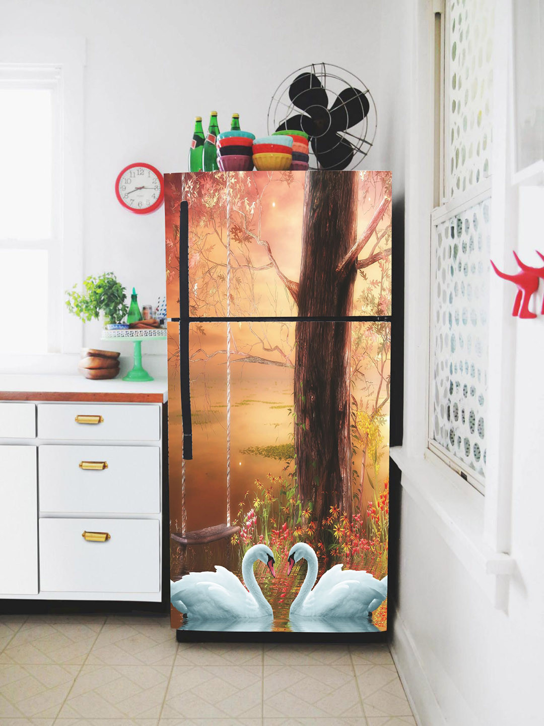 WallDaddy Brown & White Swan-Printed Refrigerator Sticker