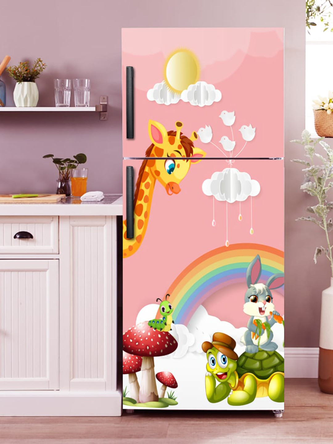 WallDaddy Pink & White Rainbow-Printed Refrigerator Sticker