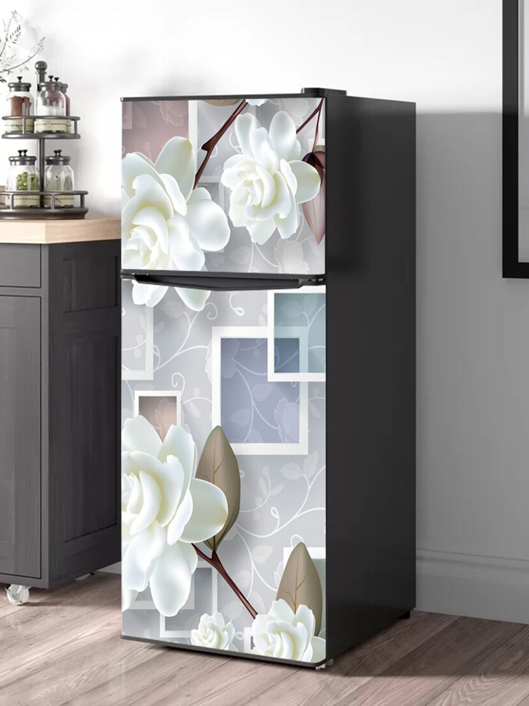 WallDaddy Grey & White Floral Printed Refrigerator Sticker