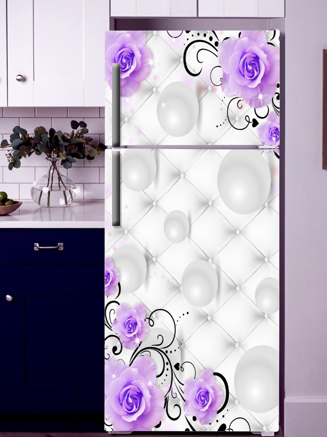 WallDaddy Grey & Purple Floral Printed Self-Adhesive Refrigerator Sticker
