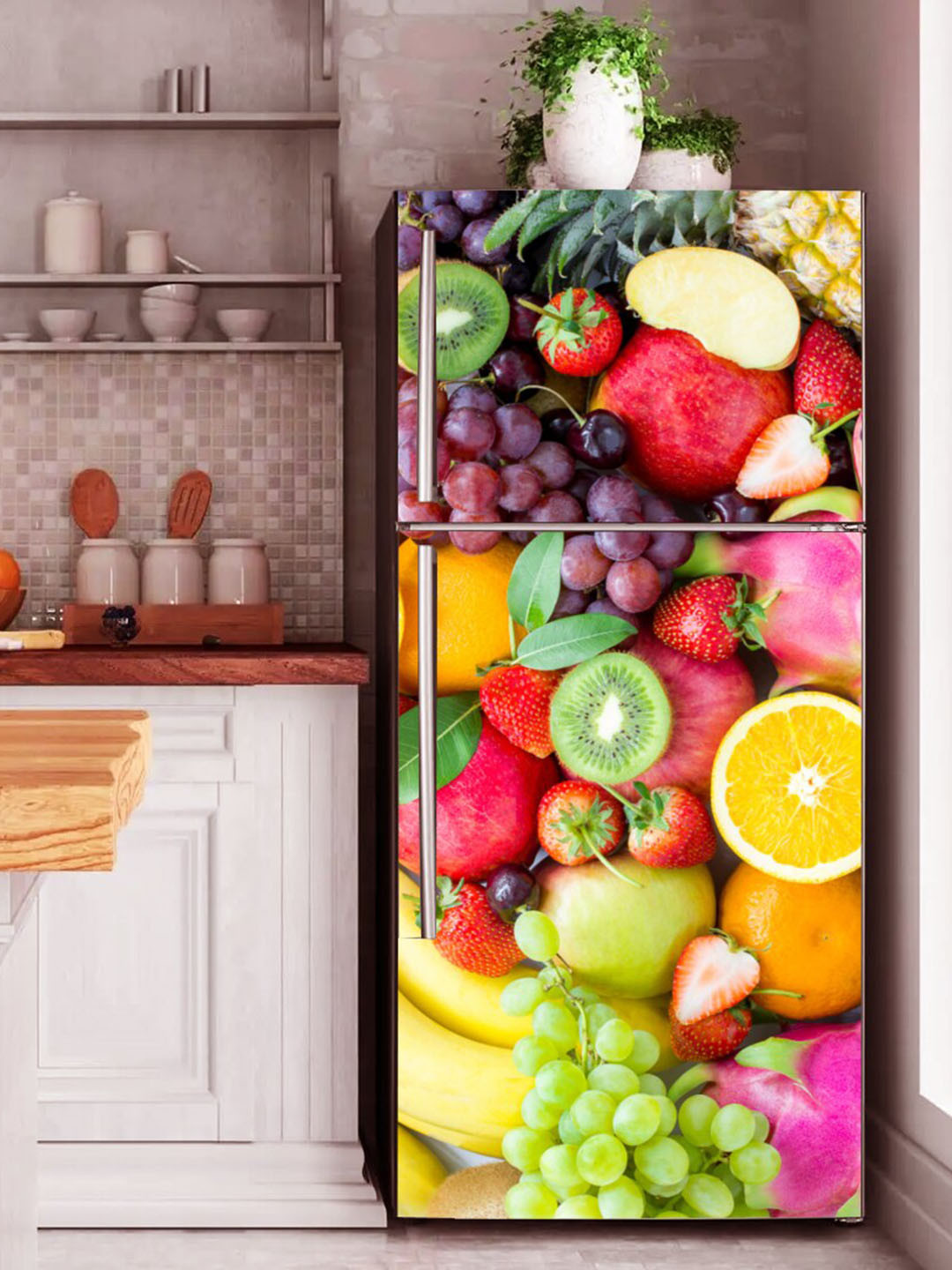 WallDaddy Red & Green Fruits Printed Self-Adhesive Refrigerator Sticker