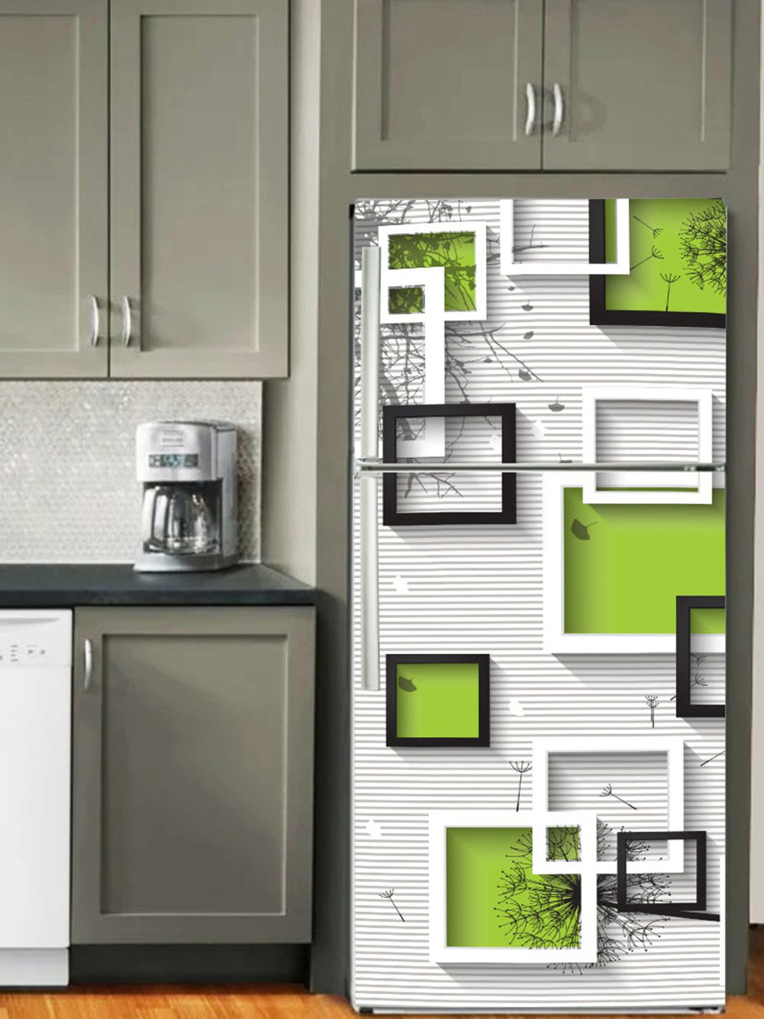WallDaddy Grey & Green BoxNBox-Printed Refrigerator Sticker