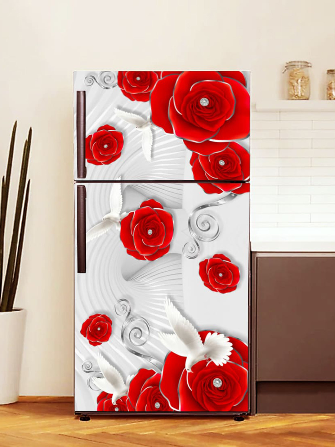 WallDaddy White & Red Floral-Printed Refrigerator Sticker