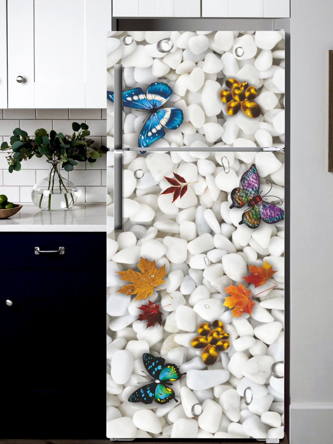WallDaddy White & Blue Stone & Butterfly Printed Self-Adhesive Refrigerator Sticker