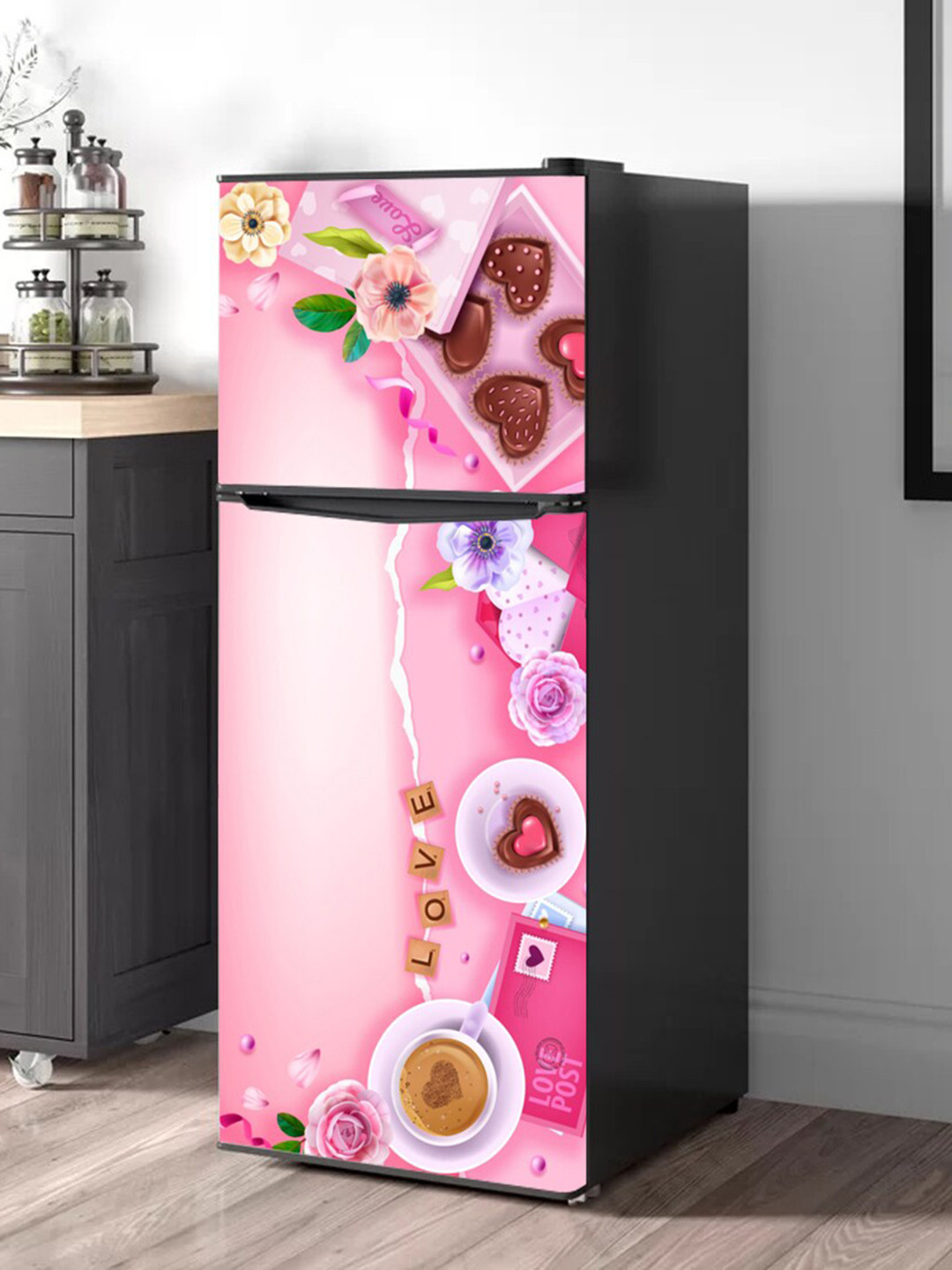 WallDaddy Pink Chocolate Heart-Printed Refrigerator Sticker