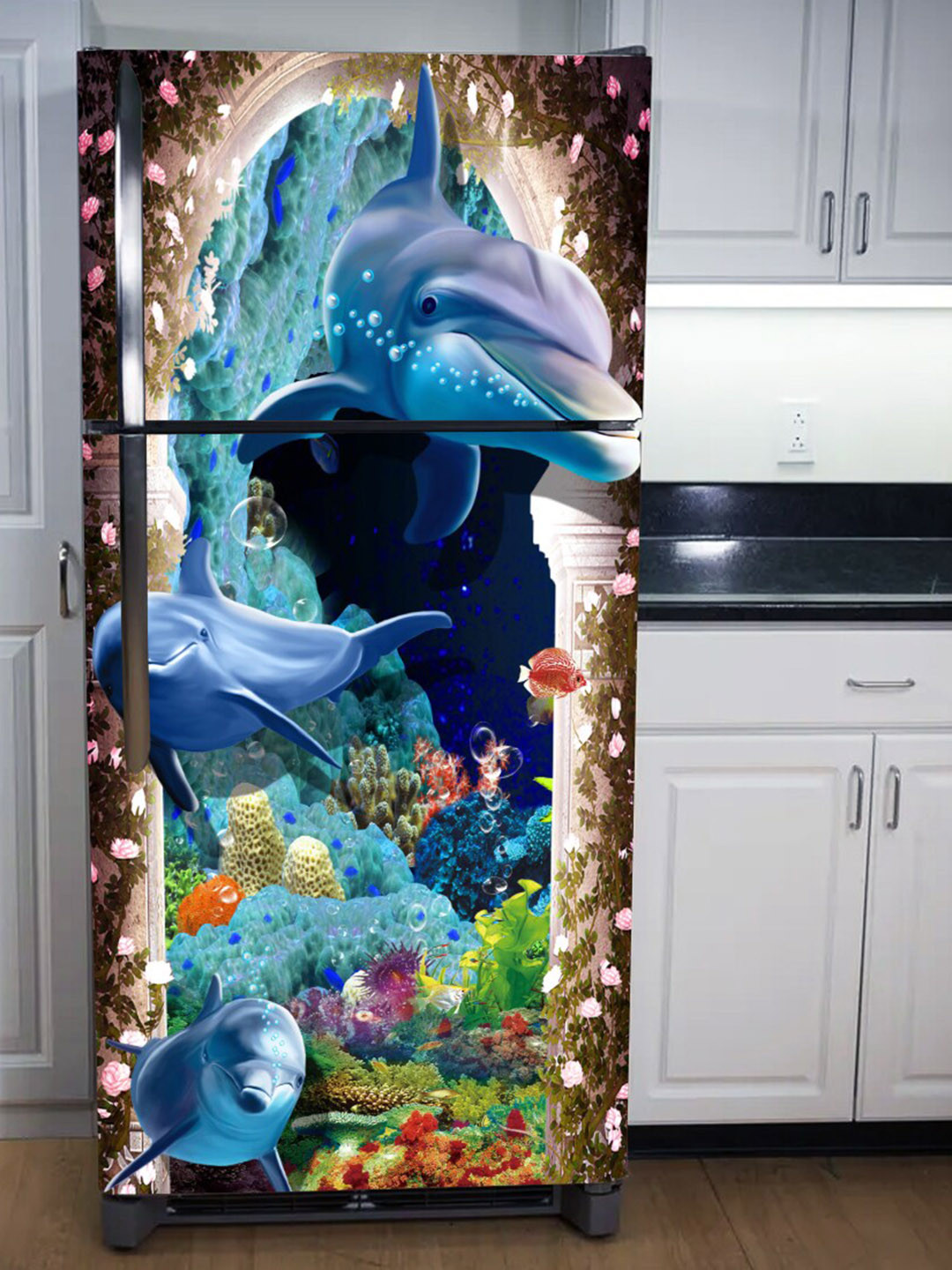 WallDaddy Sea Green & Blue Sea Dolphin Printed Refrigerator Sticker