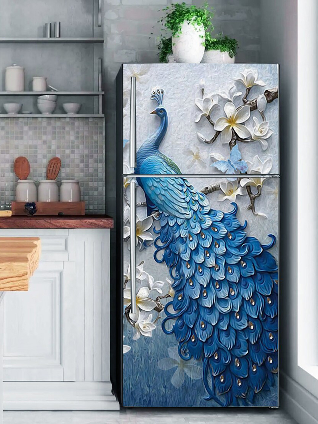 WallDaddy Grey & Blue 3D Peacock Printed Refrigerator Sticker