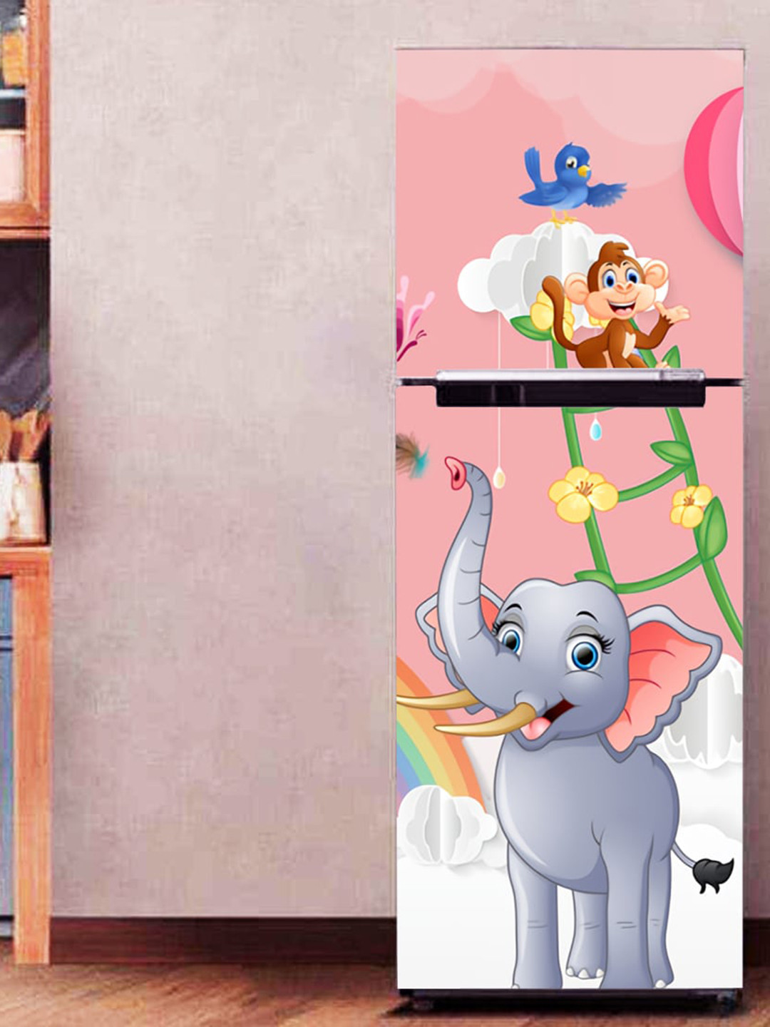 WallDaddy Pink & Grey Elephant Rainbow-Printed Refrigerator Sticker