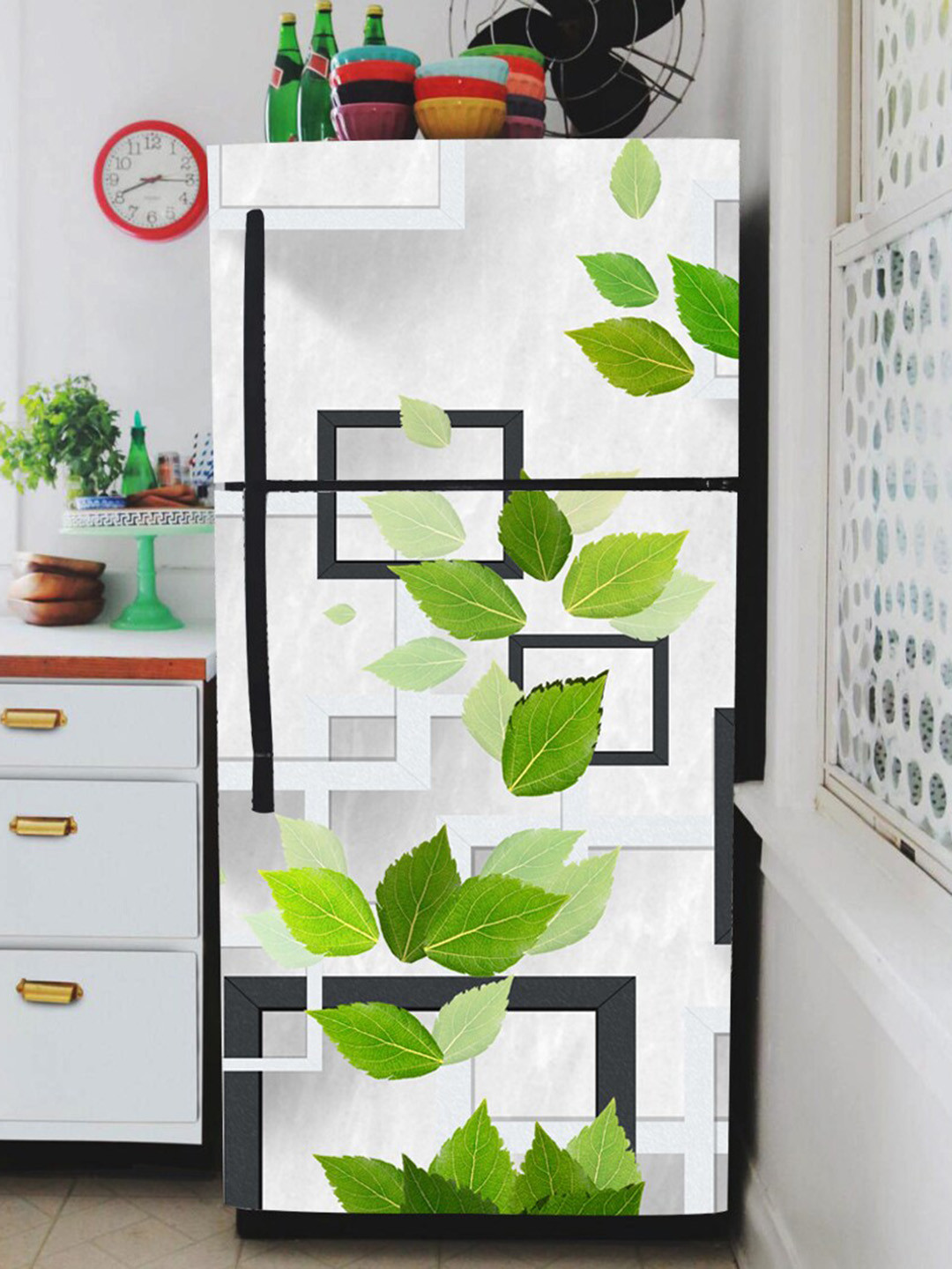 WallDaddy White & Green Box & Leaves Printed Refrigerator Sticker