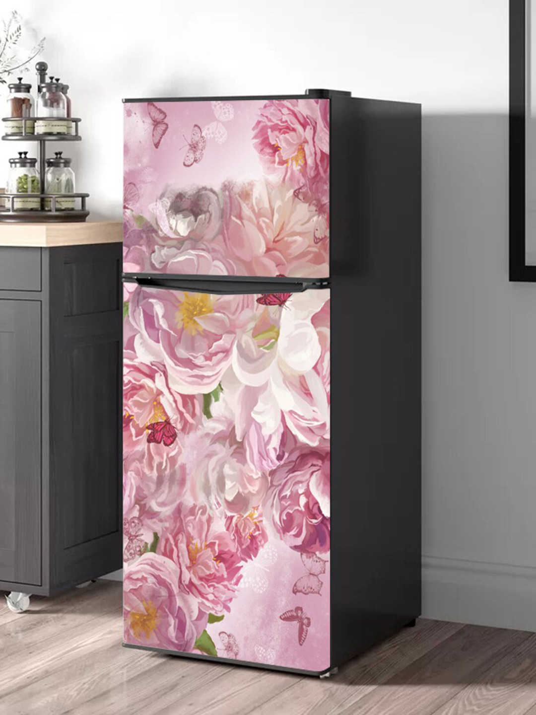 WallDaddy Pink Floral-Printed Refrigerator Sticker