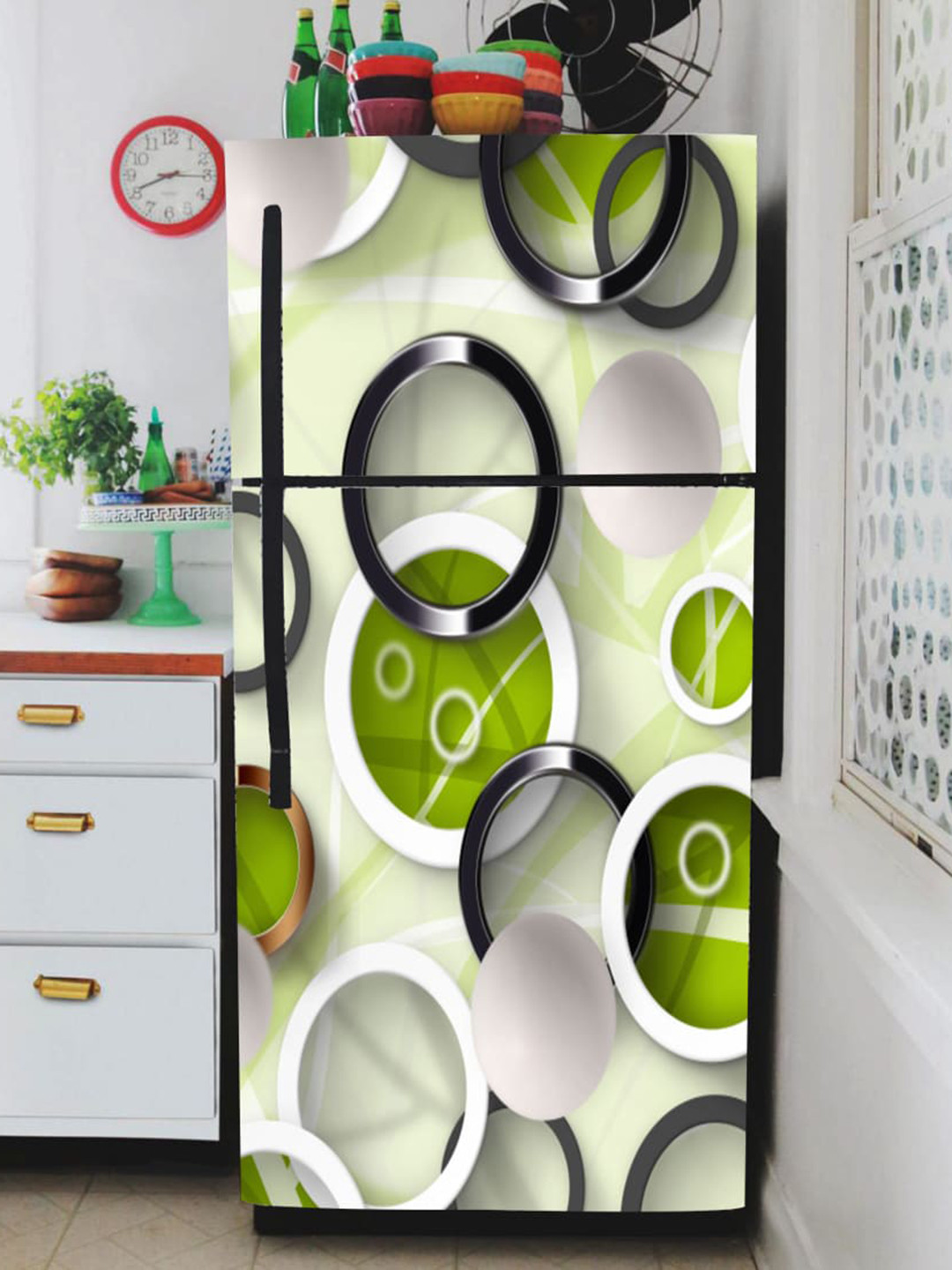 WallDaddy Green & Grey Printed Refrigerator Sticker