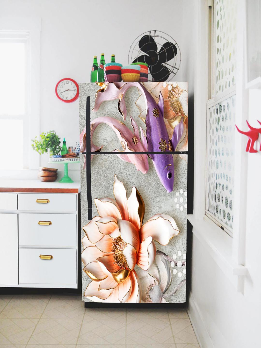 WallDaddy Grey & Orange Printed Refrigerator Sticker