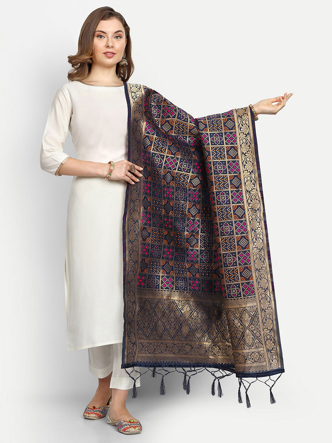 ESCORA Bandhani Woven Design Tasselled Bandhani Silk Dupatta