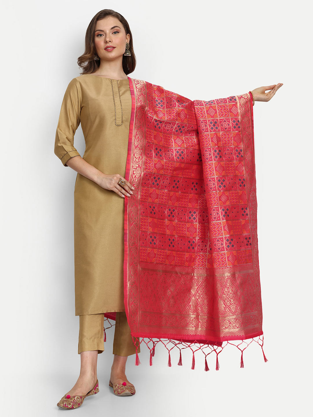 ESCORA Bandhani Woven Design Tasselled Bandhani Silk Dupatta