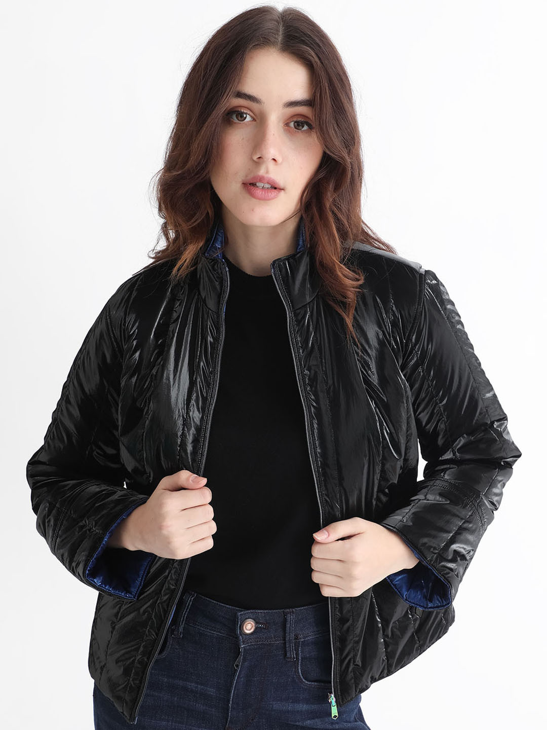 RAREISM Navy Blue Mock Collar Reversible Puffer Jacket