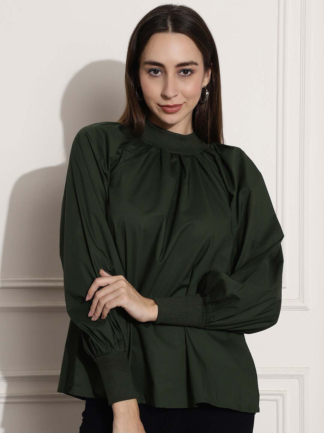NoBarr High Neck Cuffed Sleeves Cotton Top