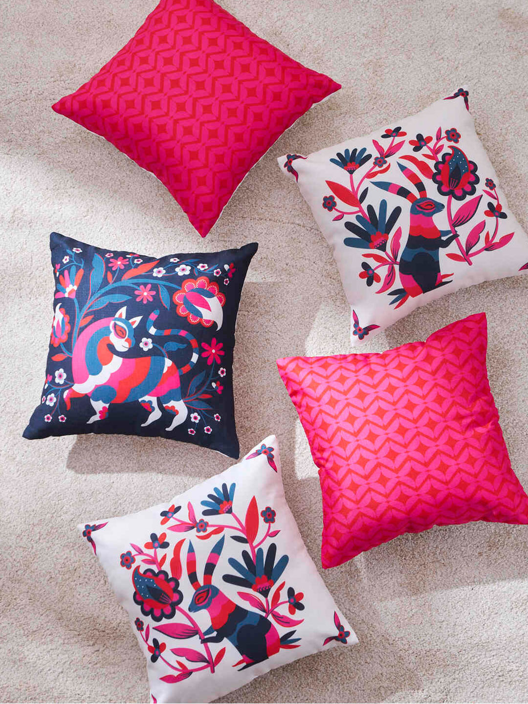Chumbak Pink & Blue 5 Pieces Ethnic Motifs Square Cushion Covers