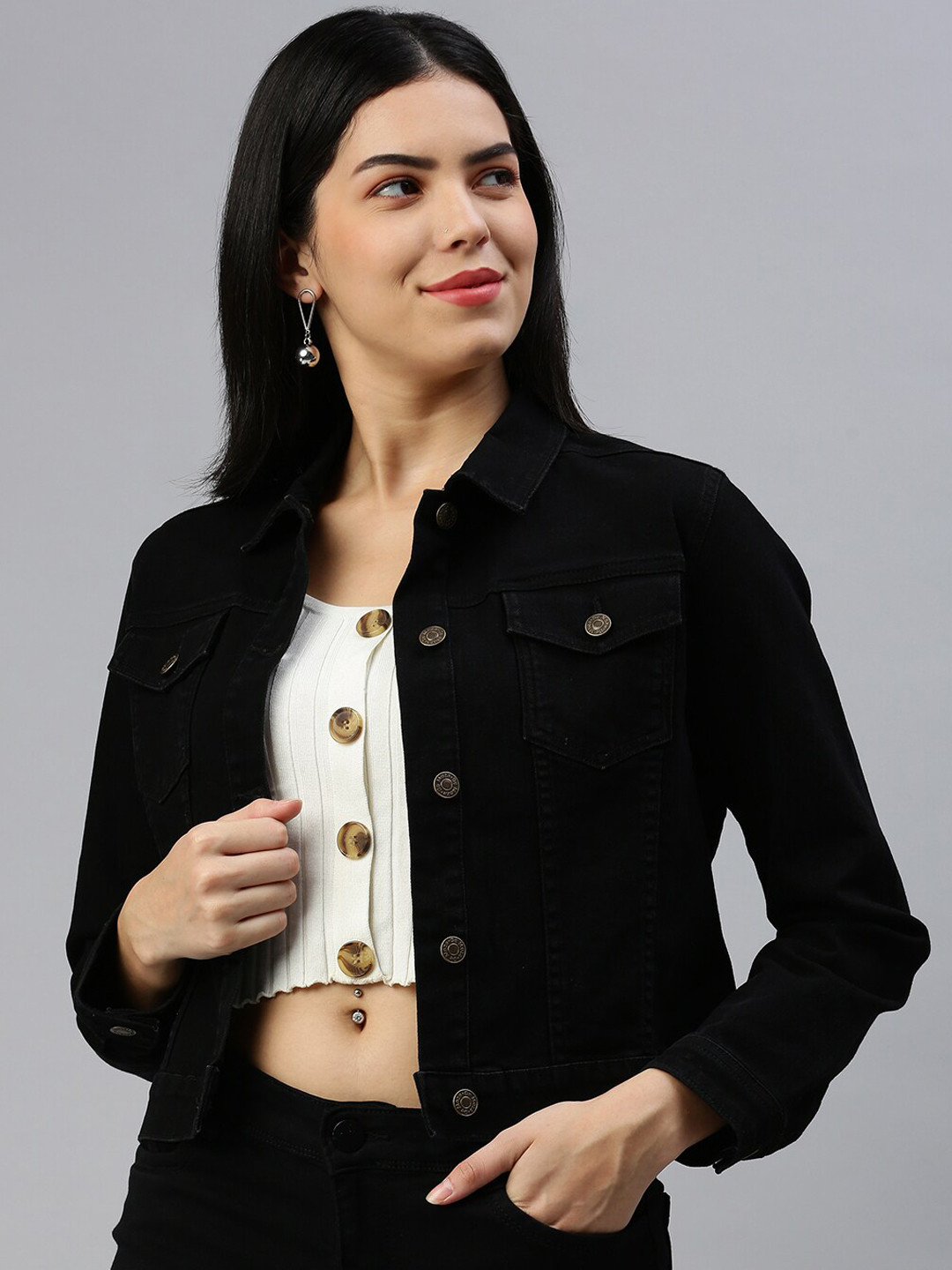 De Moza Spread Collar Cotton Crop Denim Jacket