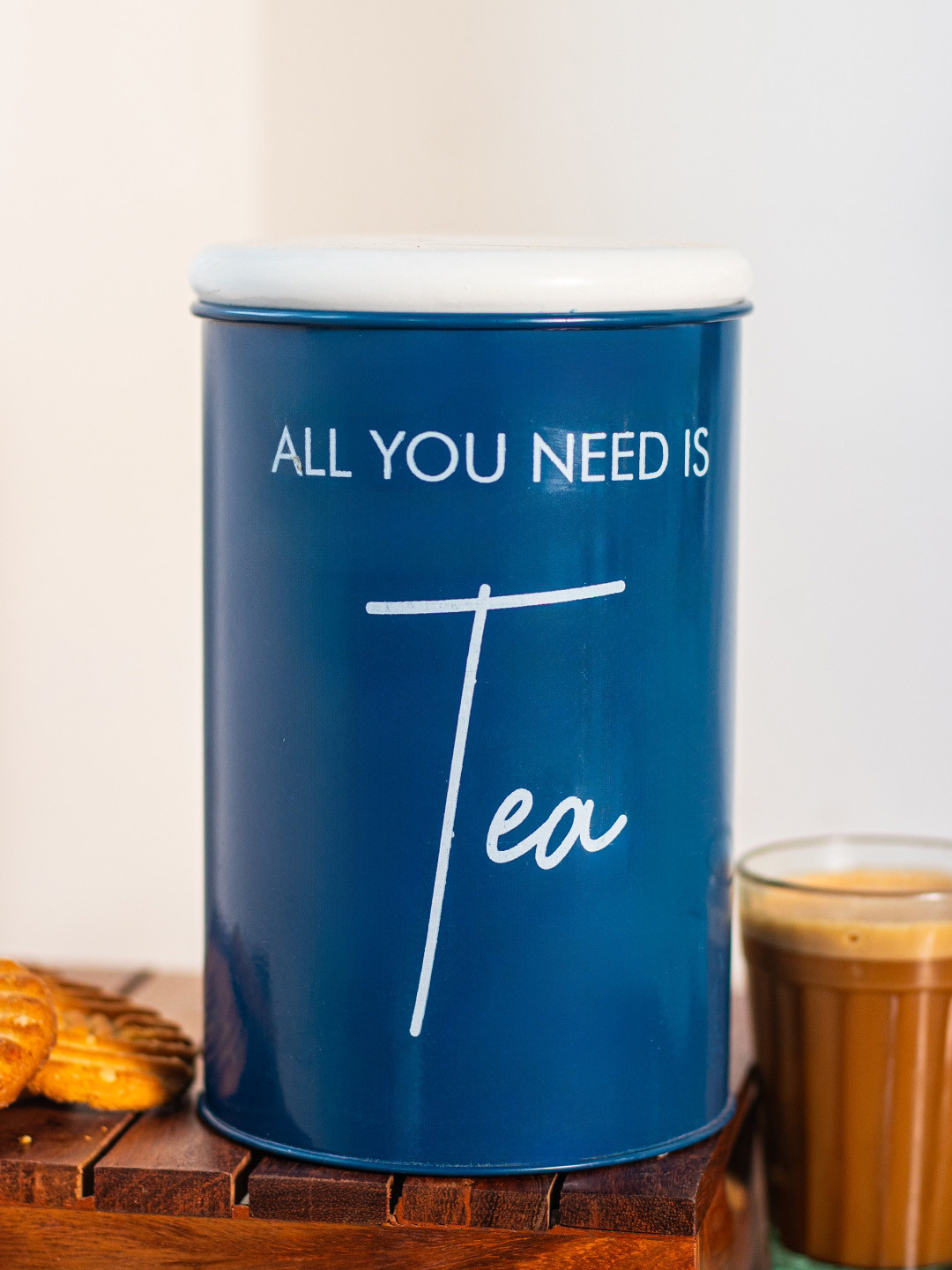 Market99 Blue Typography Metal Dishwasher Safe Flip Top Canister-900ml