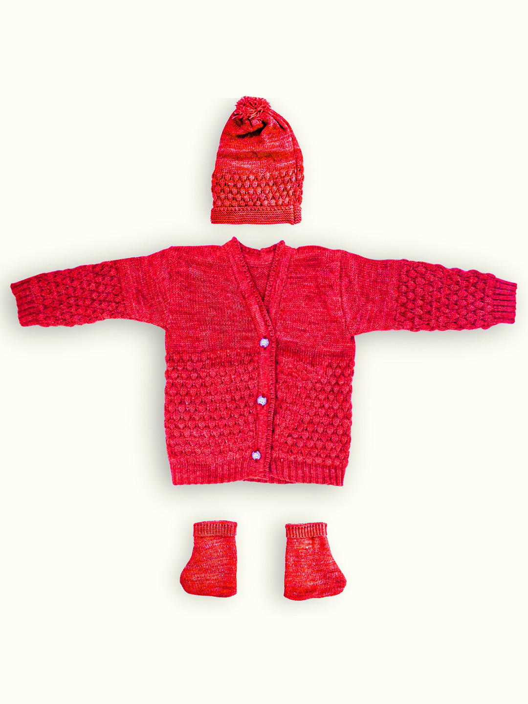 Born Babies Infant Kids Self Design Cable Knit Cotton Cardigan With Cap & Booties