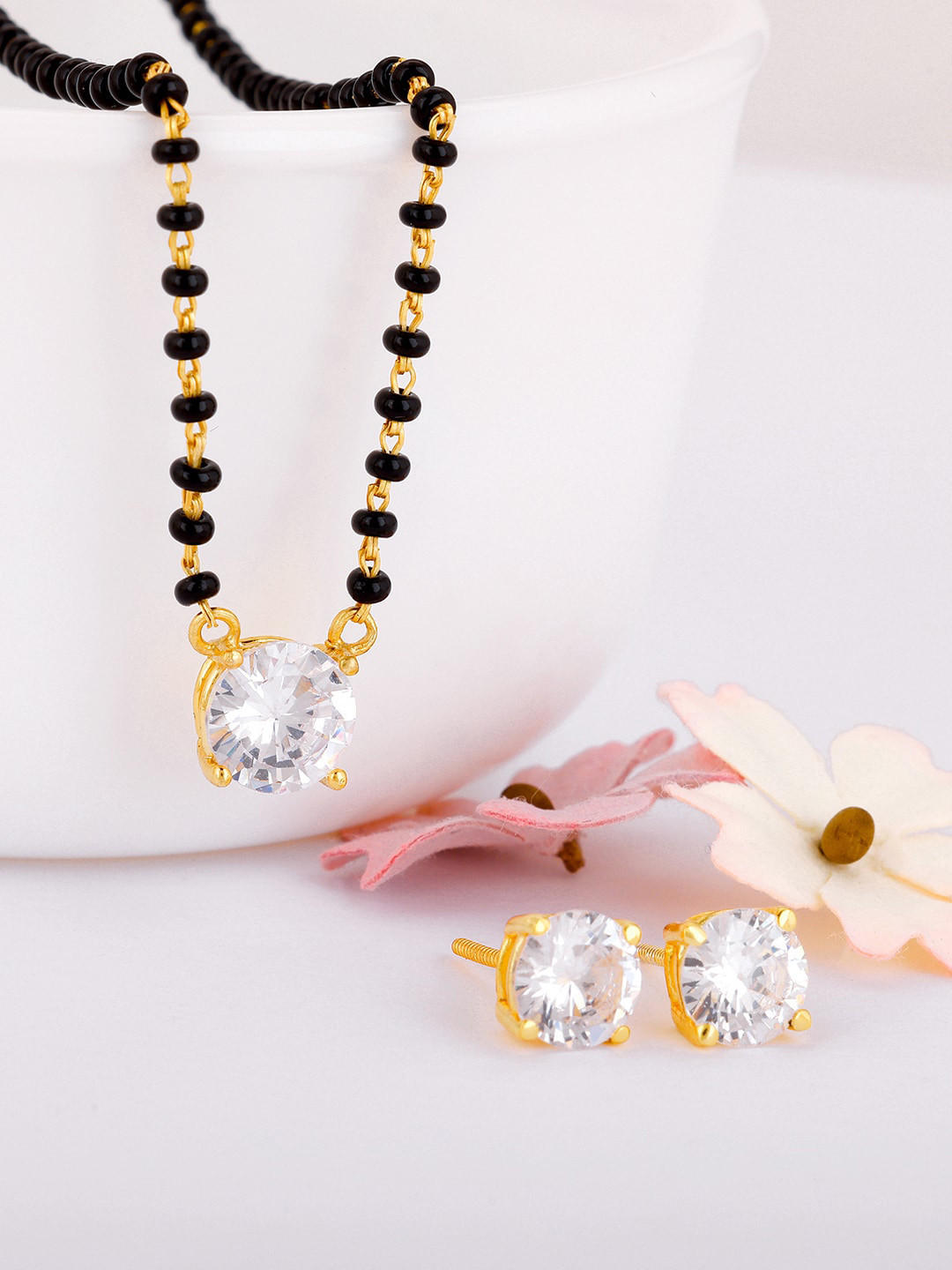 GIVA Gold-Plated 925 Sterling Silver Stone-Studded Solitaire Mangalsutra With Earrings