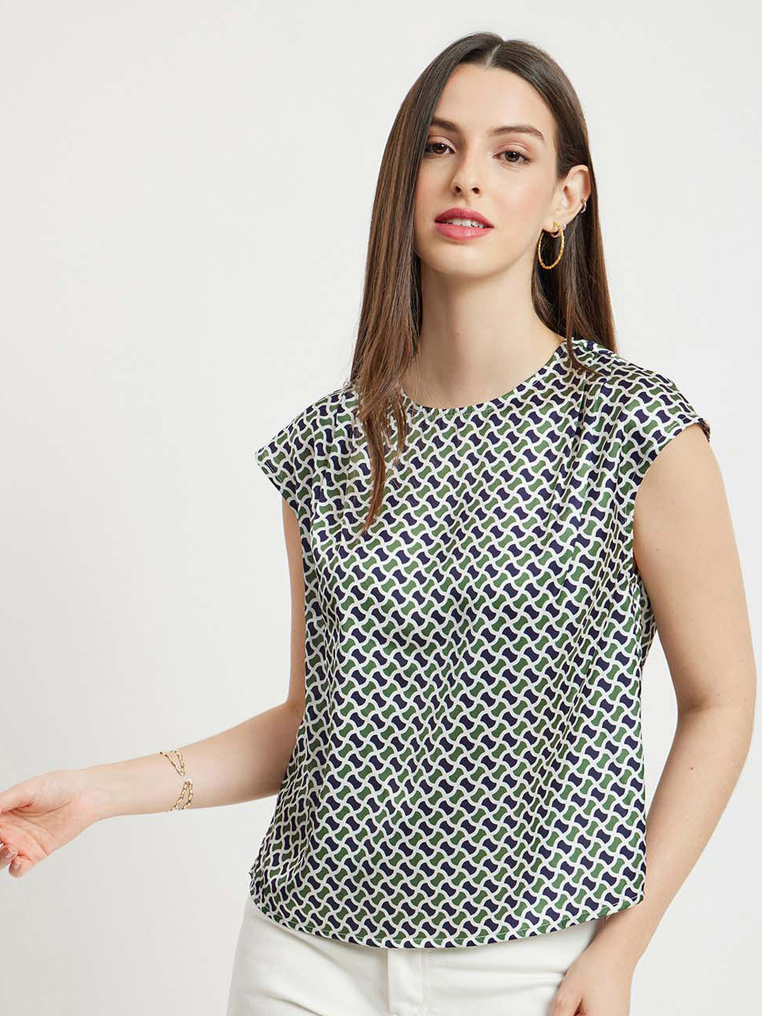 FableStreet Geometric Printed Cap Sleeve Satin White Top
