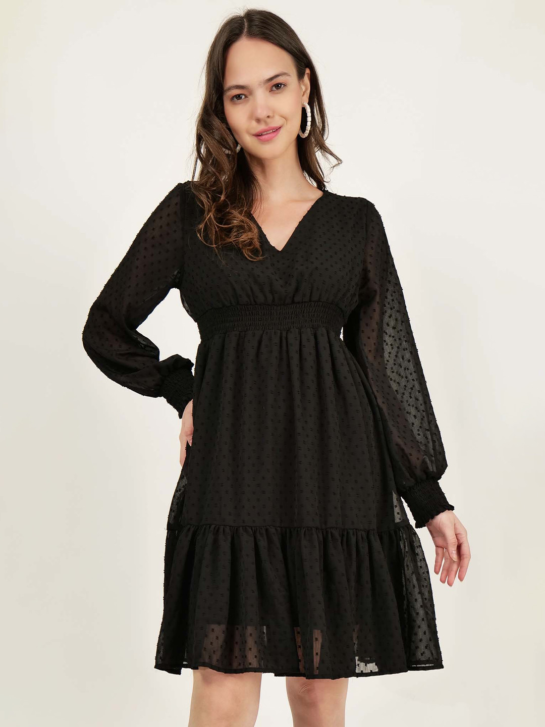 DRIRO Self Design V-Neck Puff Sleeve Smocked Tired Fit & Flare Dress