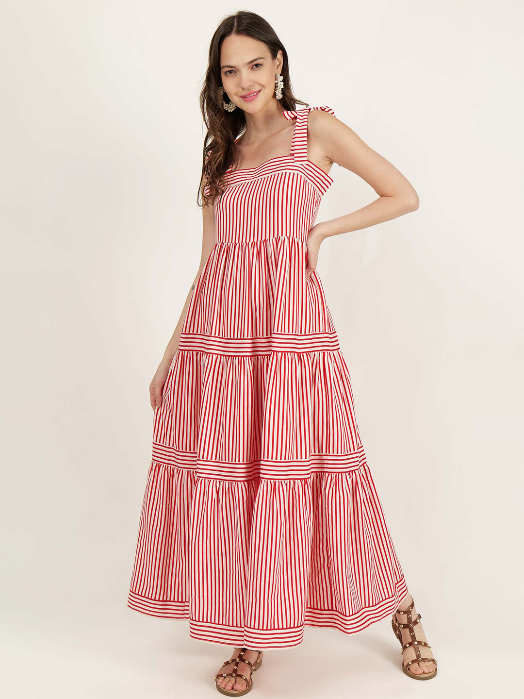 DRIRO Striped Shoulder Straps Sleeveless Gathered & Tired Maxi Dress
