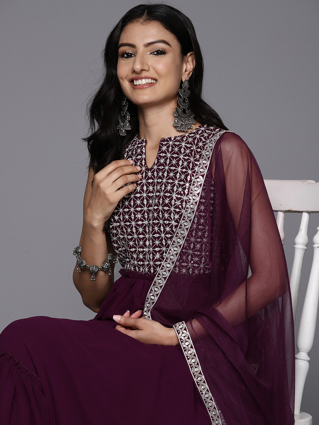 Libas Womens Burgundy Embroidered Georgette Anarkali Kurta With Trousers & Dupatta