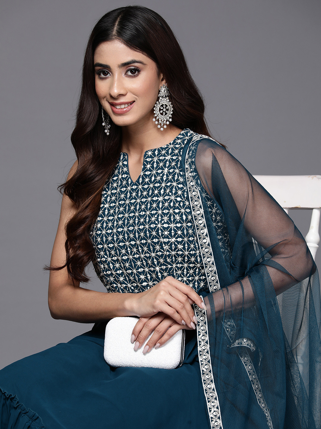 Libas Womens Teal Embroidered Georgette Anarkali Kurta With Trousers & Dupatta