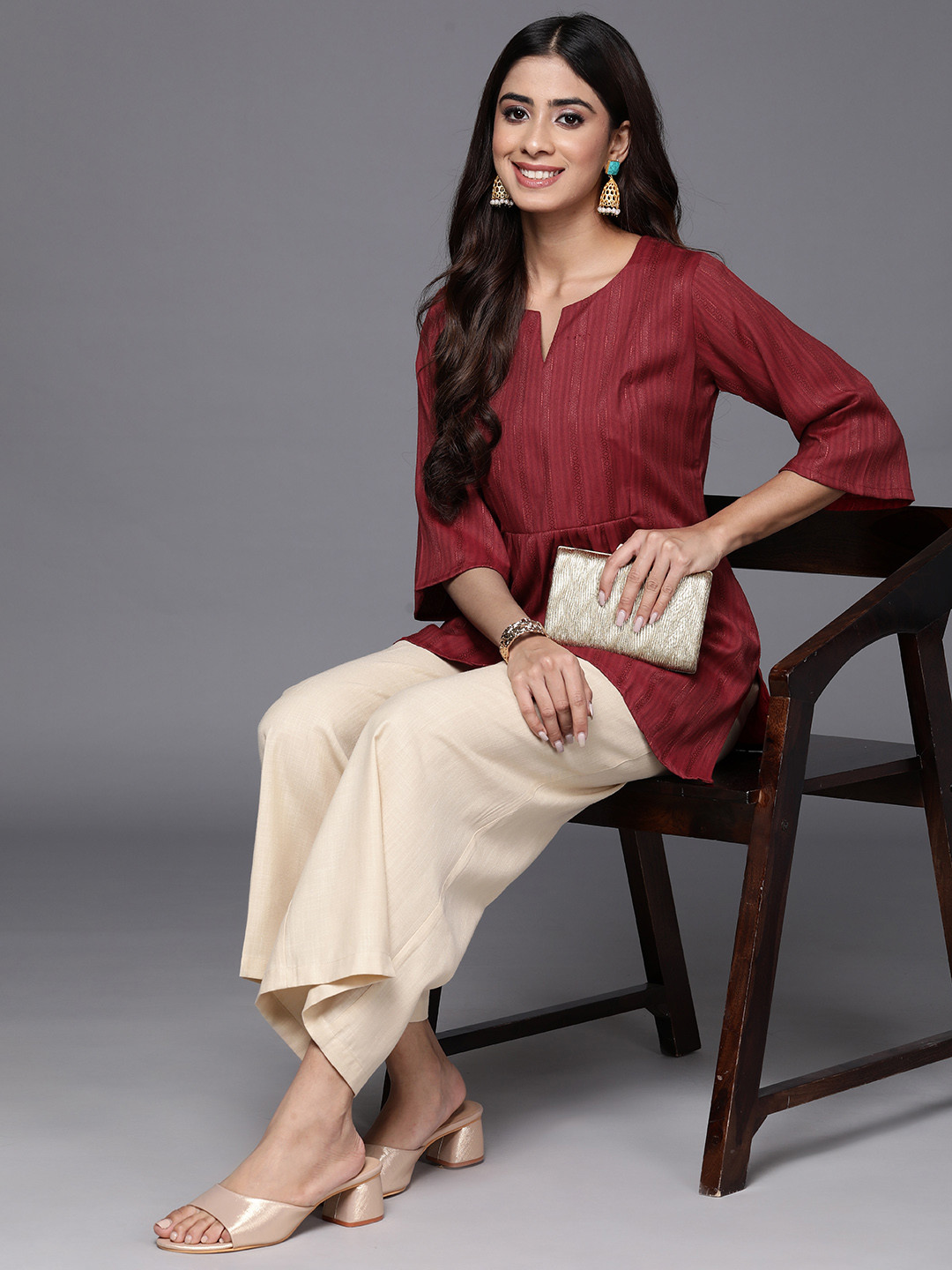 Libas Woven Design Flared Sleeves Pleated Kurti