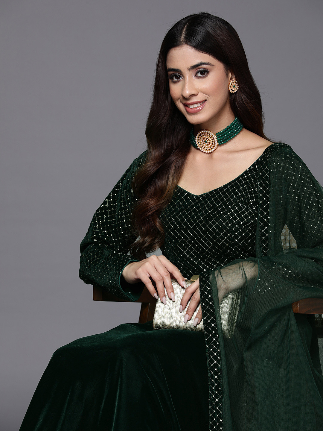 Libas Womens Green Embroidered Velvet Anarkali Kurta With Trousers & Dupatta