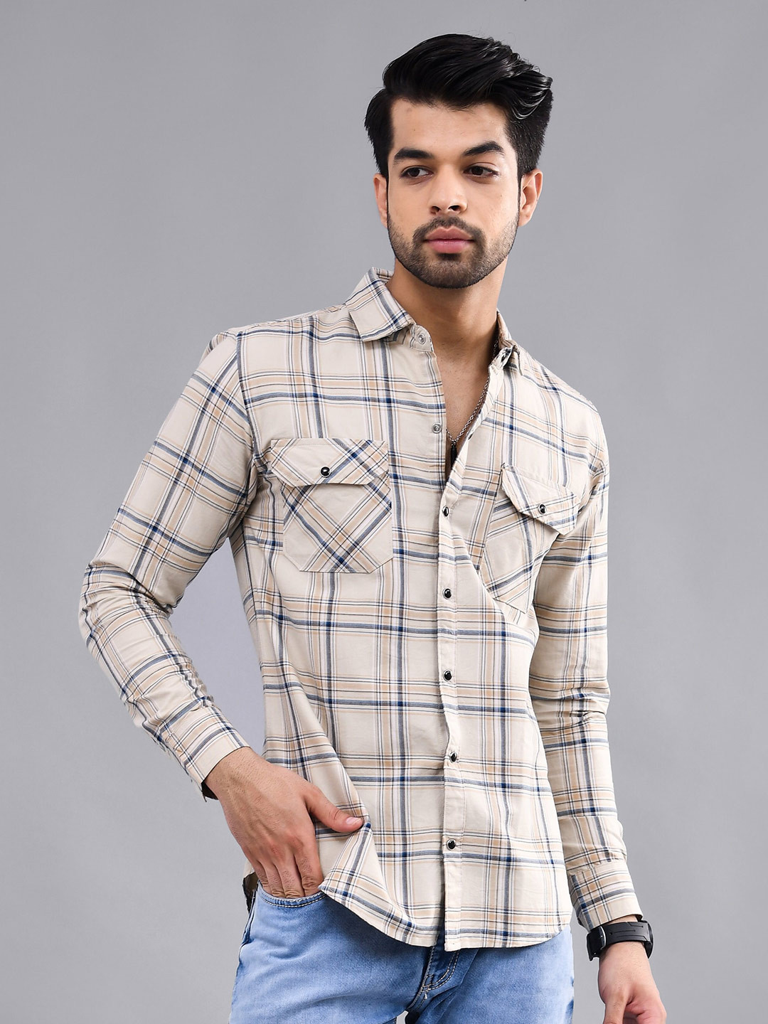 DEZANO Modern Tartan Checks Spread Collar Long Sleeves Casual Shirt