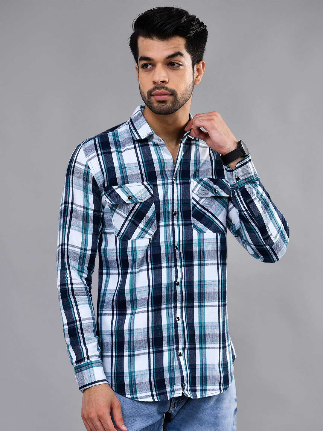 DEZANO Modern Tartan Checks Spread Collar Long Sleeves Casual Shirt