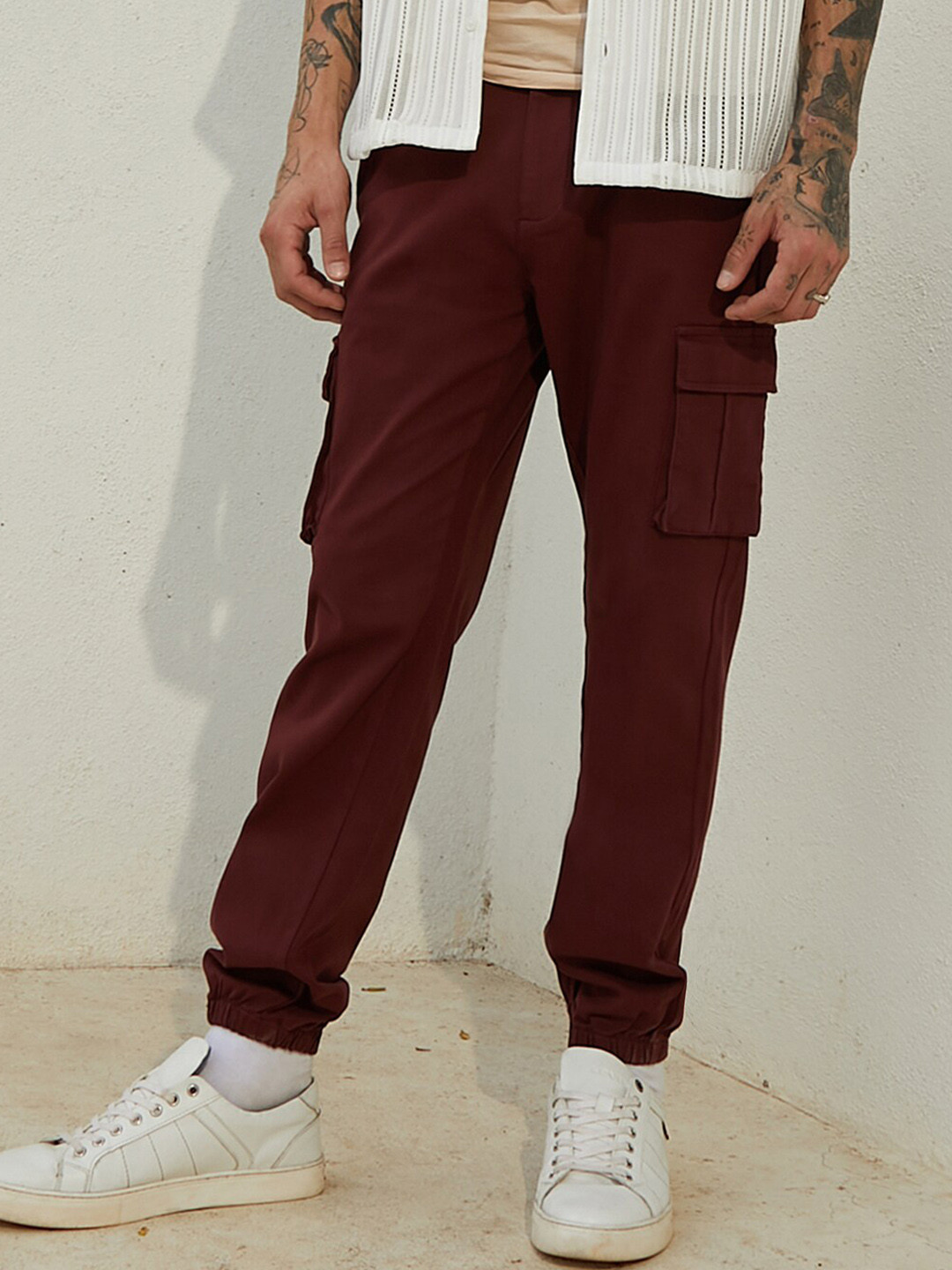 CAHOOT Men Maroon Relaxed Easy Wash Cotton Cargos