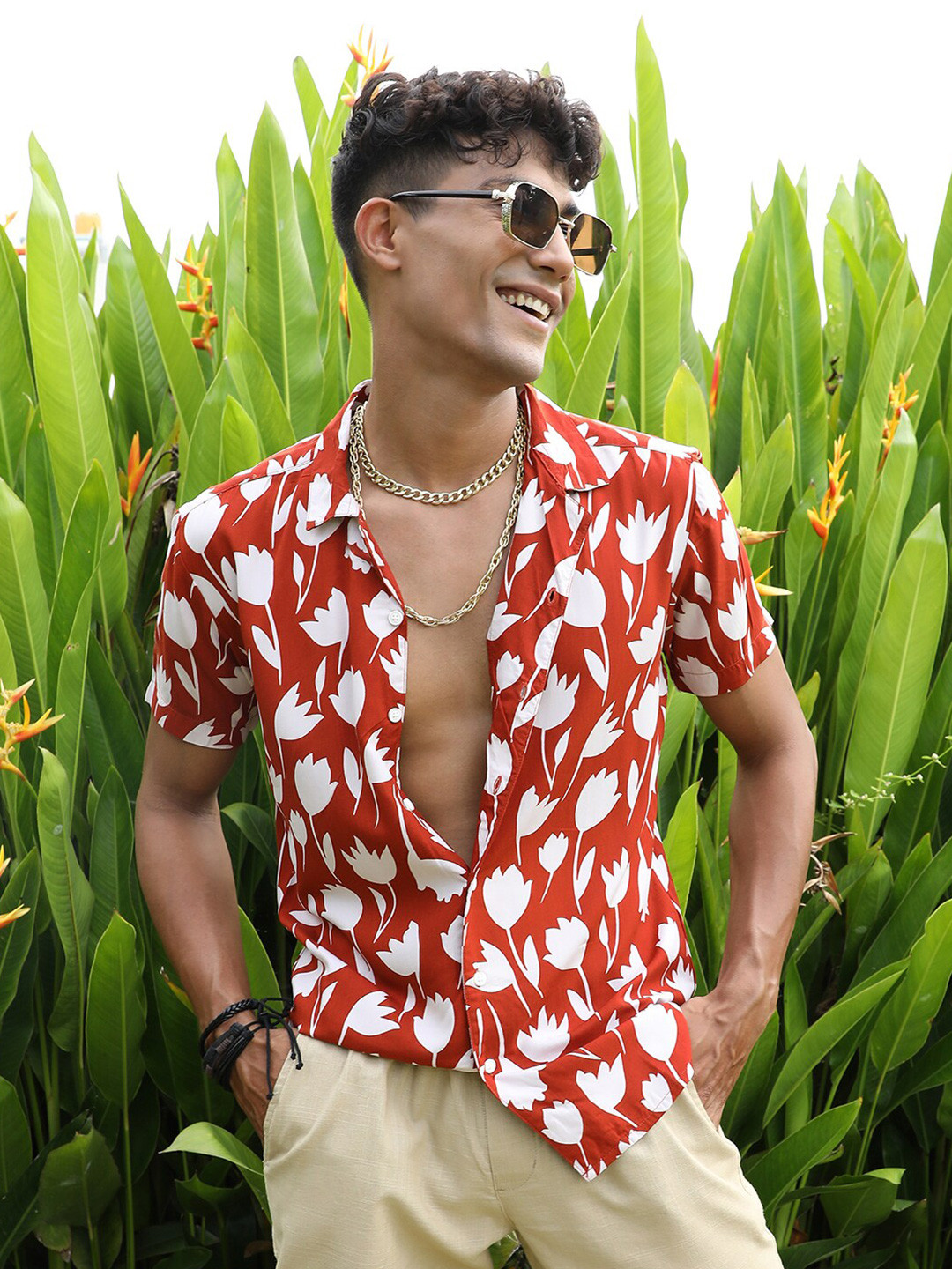 Campus Sutra Brown & White Classic Floral Printed Cuban Collar Casual Shirt