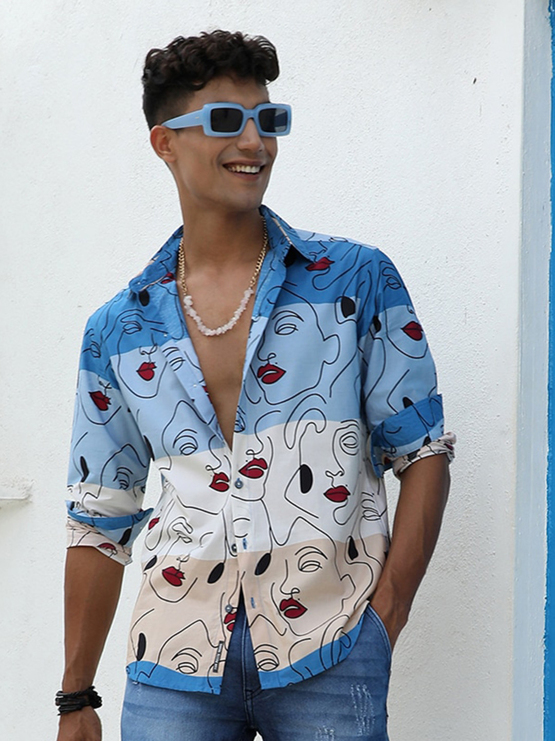 Campus Sutra Blue Classic Graphic Printed Spread Collar Cotton Casual Shirt