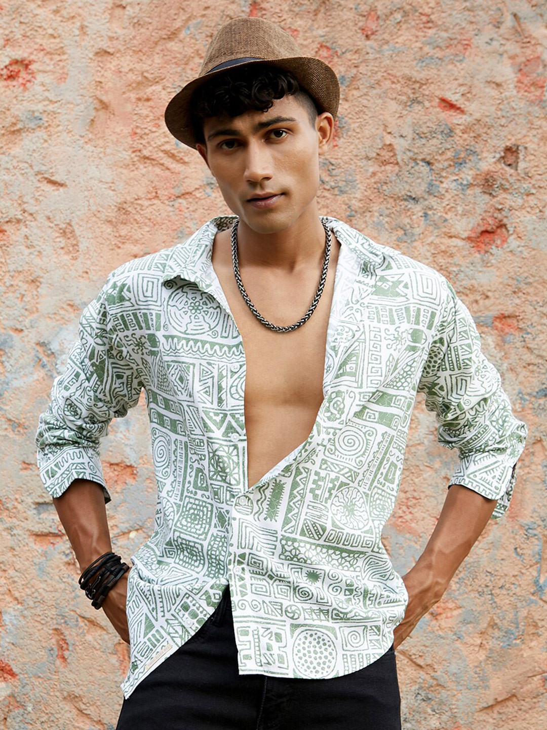 Campus Sutra Sea Green Classic Aztec Printed Casual Shirt