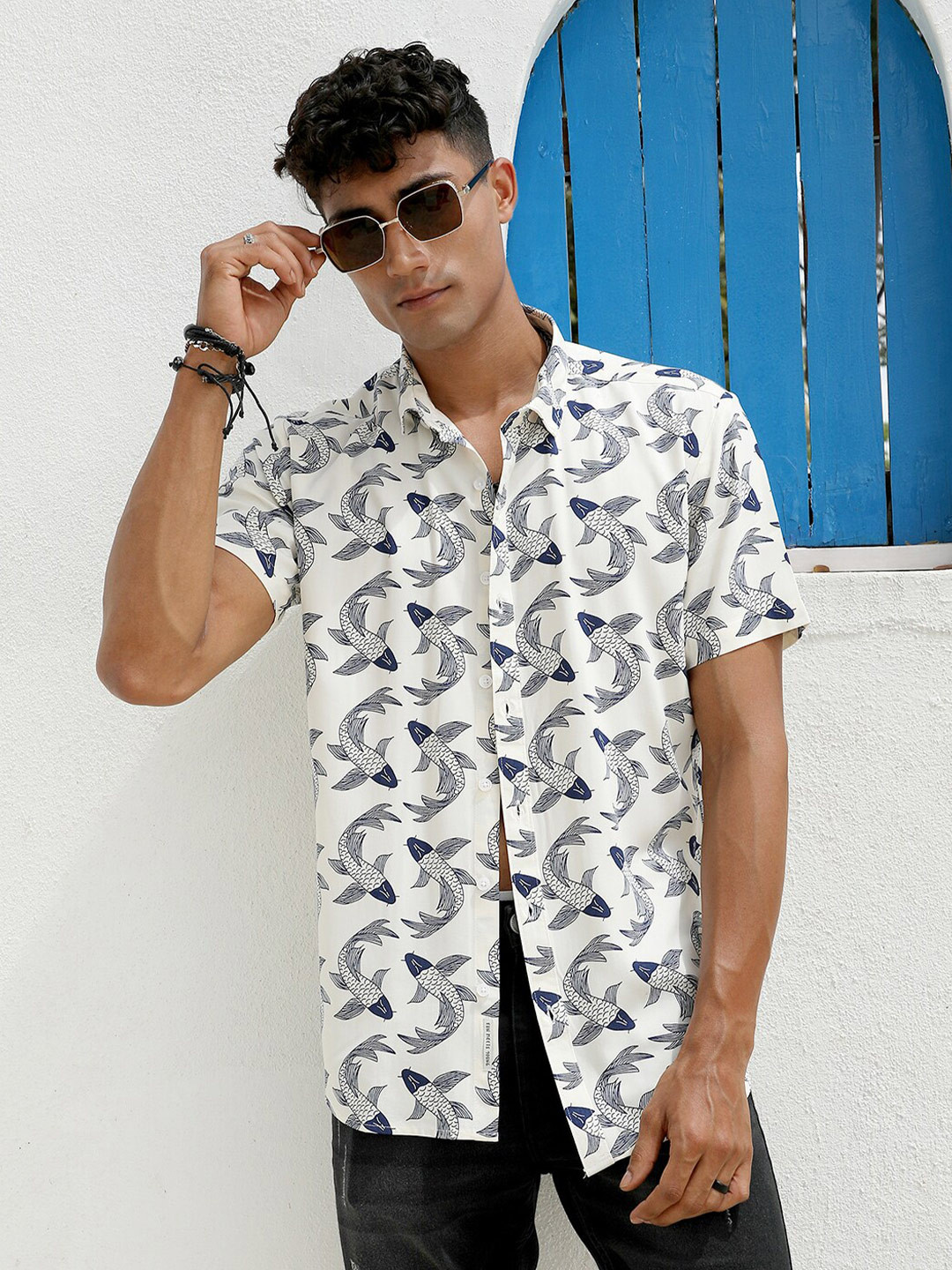 White & Blue Conversational Printed Casual Shirt