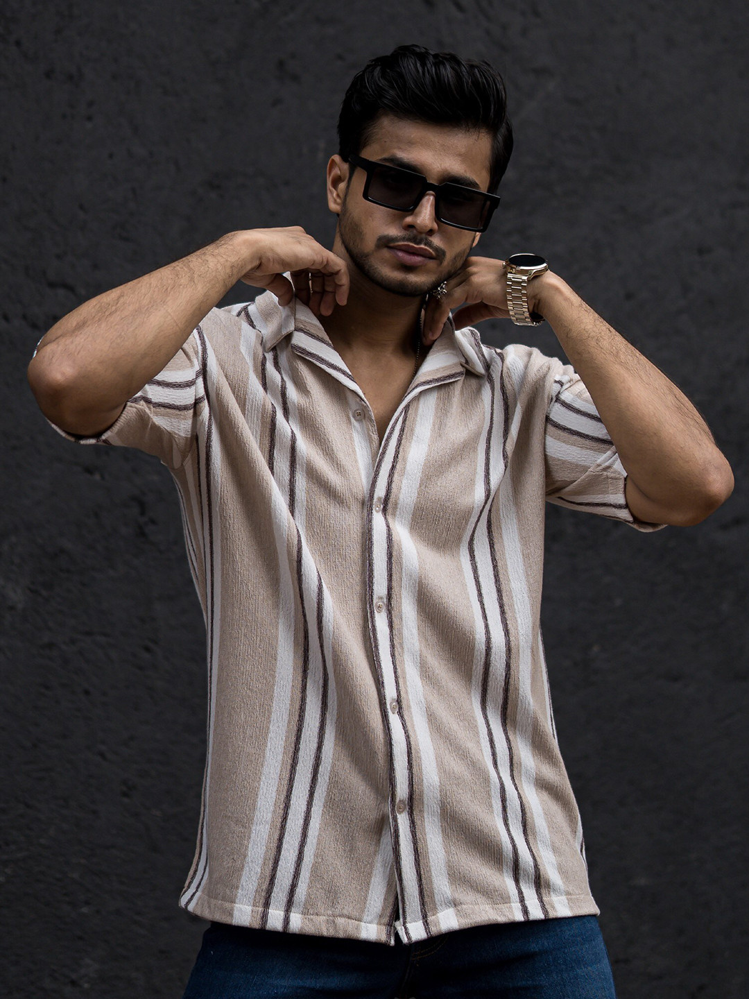 Maniac Beige Vertical Stripes Casual Shirt