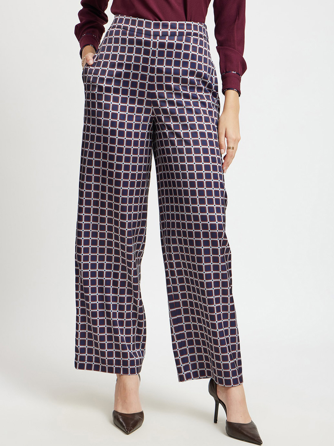 FableStreet Women Checked Tailored Flared High-Rise Parallel Trousers