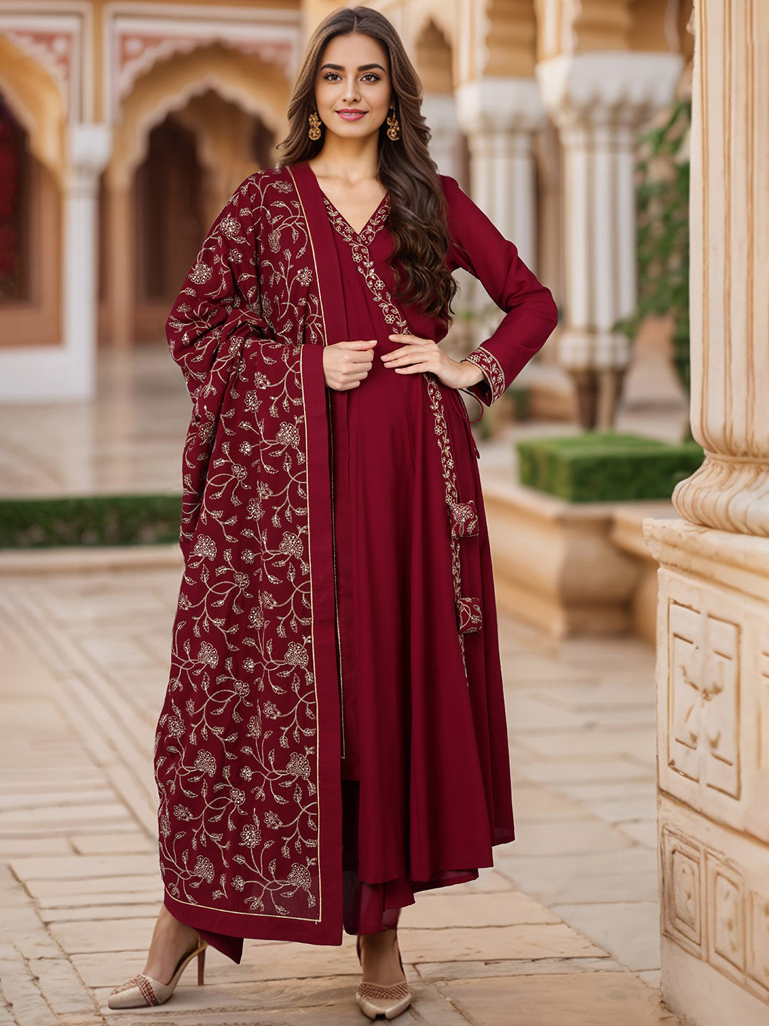 AHIKA Maroon Floral Yoke Design Thread Work Angrakha Anarkali Kurta & Trouser With Dupatta